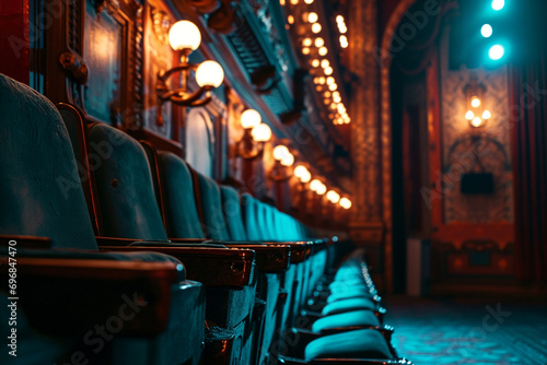cinematic atmosphere by photographing the soft glow of lights along the theater aisles, creating a photo that exudes warmth and anticipation
