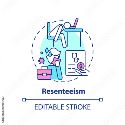 2D editable multicolor resenteeism icon, simple isolated vector, thin line illustration representing workplace trends.