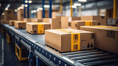Packages on a conveyor belt in a logistics center. high - quality,  © hamzagraphic01