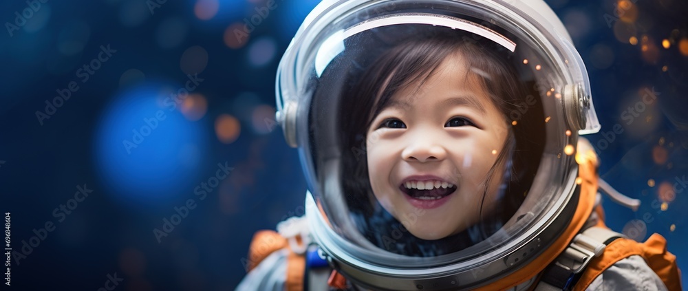 Portrait of a cute asian little girl wearing astronaut costume and smiling in space Portrait of a cute asian little girl wearing astronaut costume and smiling in space