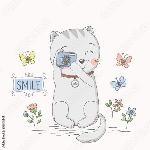 Cute cat photographer with camera. Hand drawning vector illustration for print design