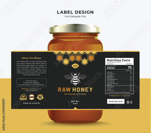 Honey black label sticker design bottle jar label raw food banner bee product packaging.