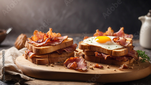Toast with fried bacon and fried egg. Breakfast concept