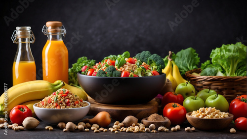 The concept of proper nutrition. Vegetables, fruits, greens, fresh juices and nuts are on the table. Dark background