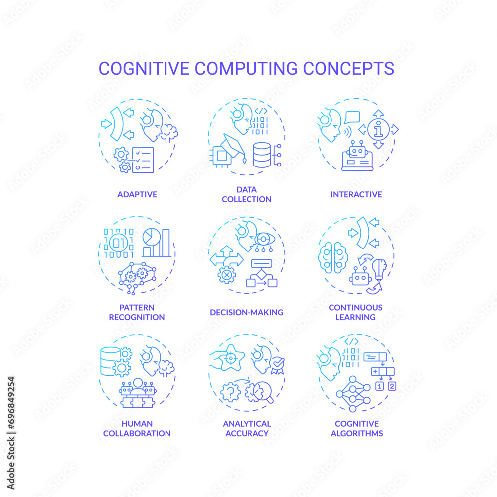 Collection of 2D gradient thin line icons representing cognitive computing, creative isolated vector, linear illustration.
