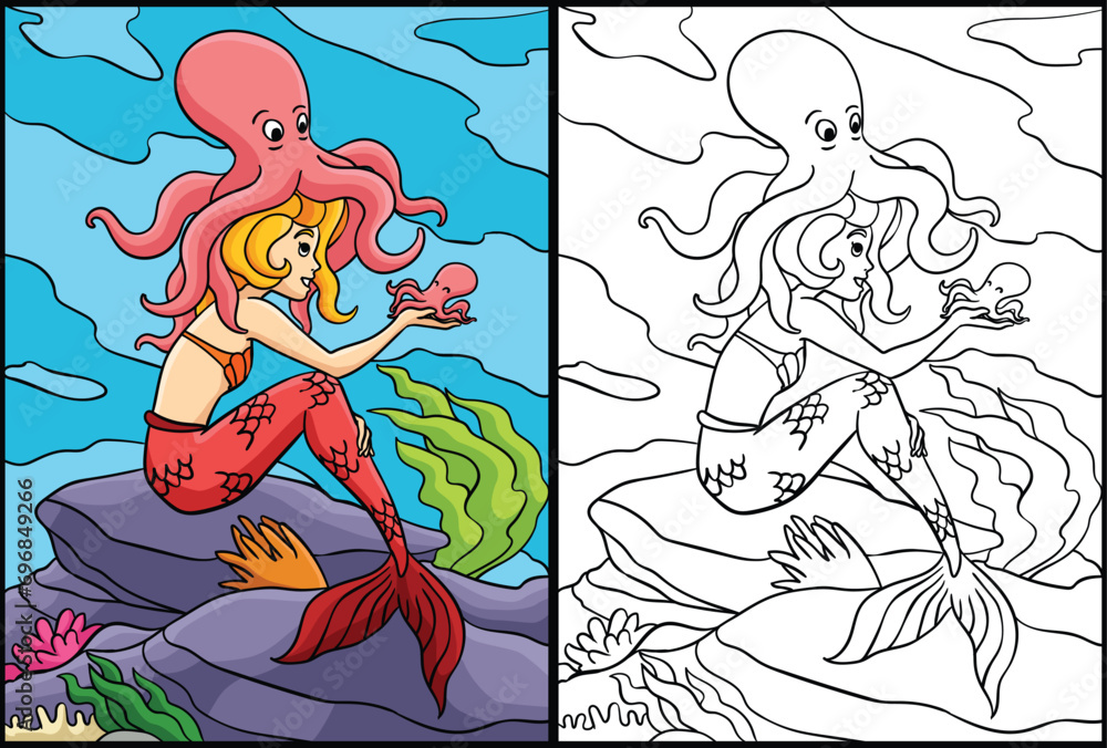 Mermaid with an Octopus Coloring Page Illustration