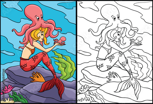 Mermaid with an Octopus Coloring Page Illustration