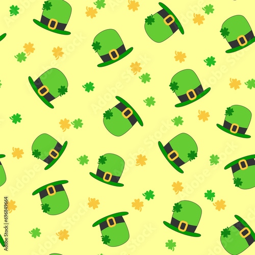 Saint Patrick's Day seamless pattern with shamrock clover shapes on light yellow background. Irish leprechaun hat and trefoil print for wrapping, paper, fabric, and design.