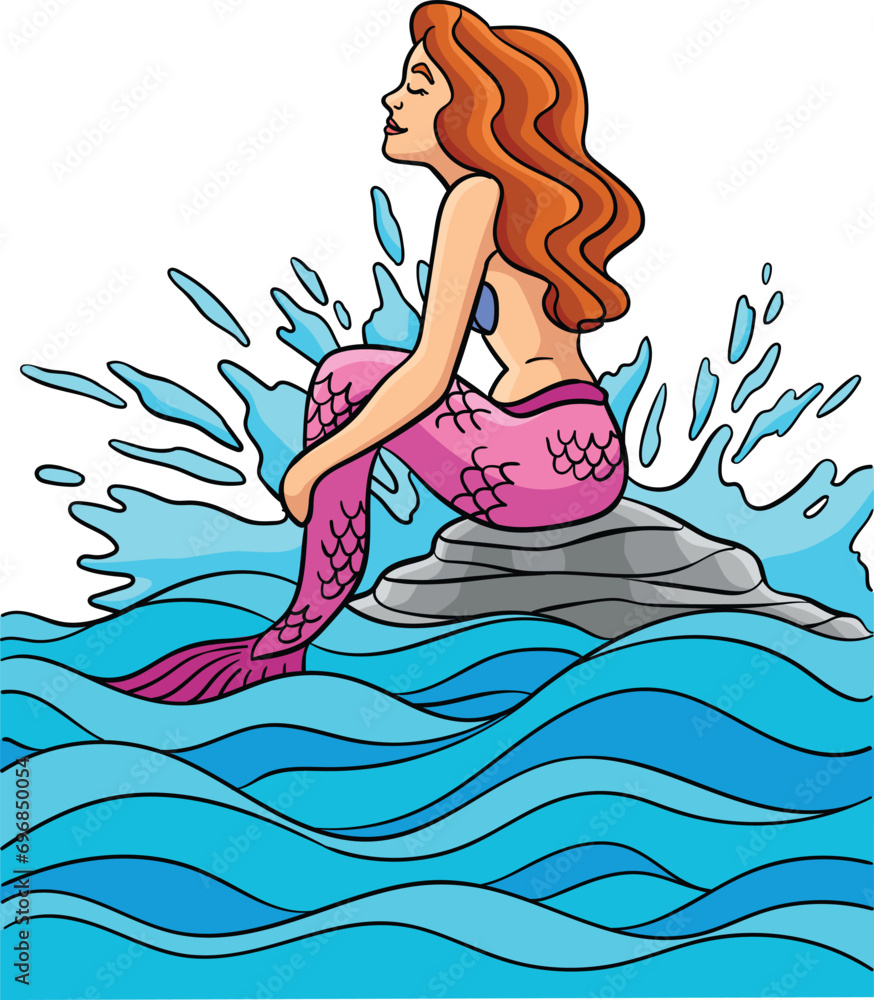Mermaid Sitting on the Rock Cartoon Clipart 