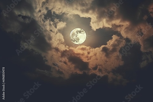 Ethereal glow of full moon captivating scene captures magic of serene night sky. Moonlight casts gentle radiance illuminating darkness and revealing intricate play of shadows on landscape below