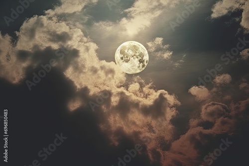 Ethereal glow of full moon captivating scene captures magic of serene night sky. Moonlight casts gentle radiance illuminating darkness and revealing intricate play of shadows on landscape below