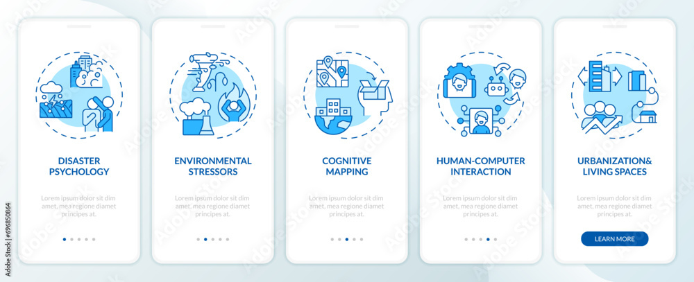 2D icons representing environmental psychology areas of study mobile app screen set. Walkthrough 5 steps blue graphic instructions with thin line icons concept, UI, UX, GUI template.