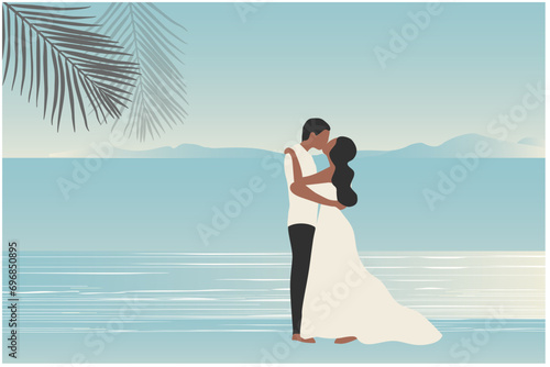 Loving couple embracing on the beach view background vector illustration. Happy valentine's day, love, honeymoon concept