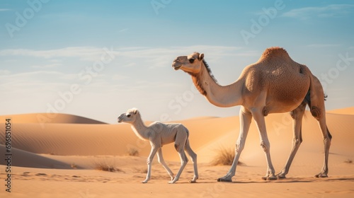 camel mother walking with her white colored baby in the desert 