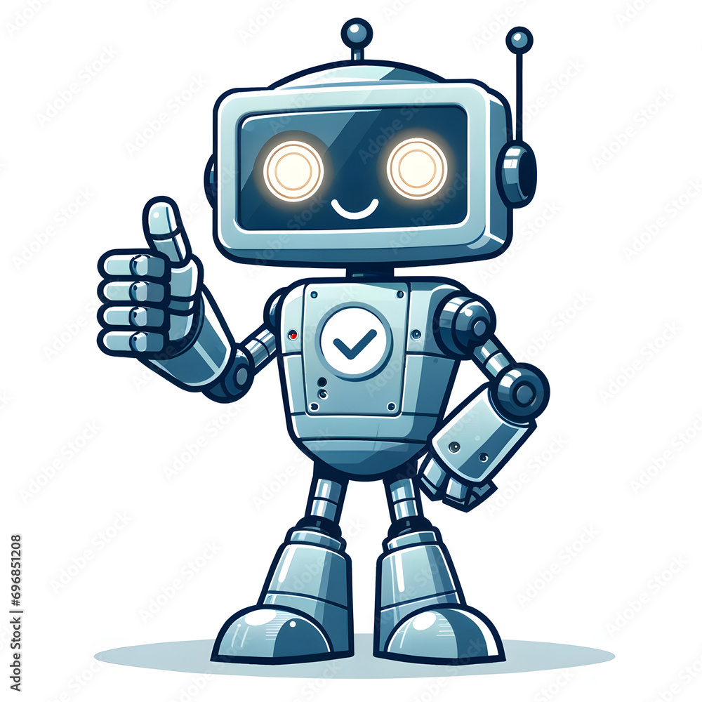 A friendly robot with a more modern, rounded head and glowing circular eyes, also giving a thumbs-up. The robot's design is sleek and approachable, with a chest display showing a checkmark. A friendly robot with a more modern, rounded head and glowing circular eyes, also giving a thumbs-up. The robot's design is sleek and approachable, with a chest display showing a checkmark.