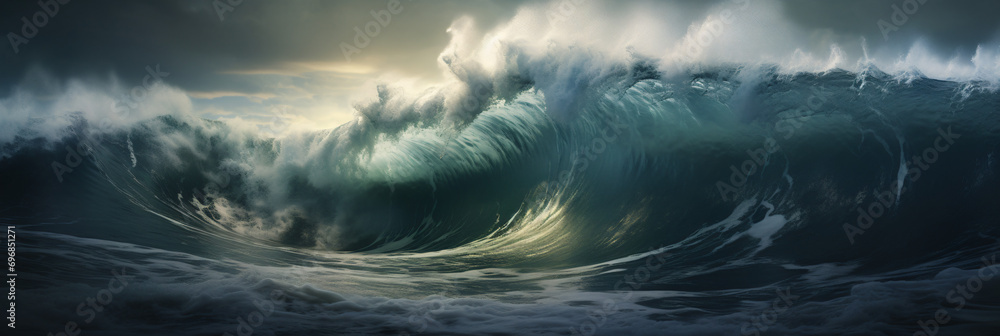 A large wave is breaking on the ocean water with a blue sky in the background and a few clouds in the sky over the water. - obrazy, fototapety, plakaty 