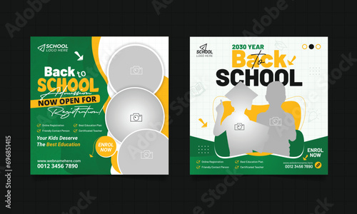 School admission social media post banner, educational social media post square flyer back to school web banner design template.	