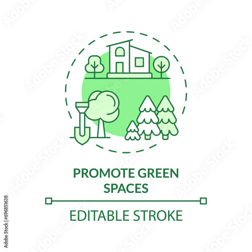 2D editable green promote green spaces icon, monochromatic isolated vector, thin line illustration representing environmental psychology.