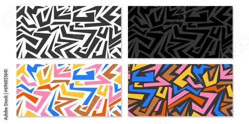 Abstract geometric seamless pattern, black and white and colorful on isolated background. Vector shapes, figures. For paper, cover, fabric, gift wrapping, notebook, bed linen