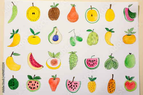 Drawing pictures of cute fruits by kids.