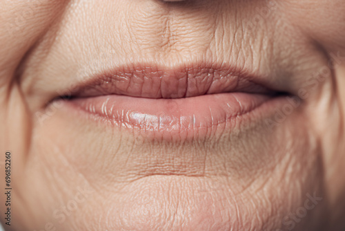 Close up of elderly woman's wrinkles around mouth photo