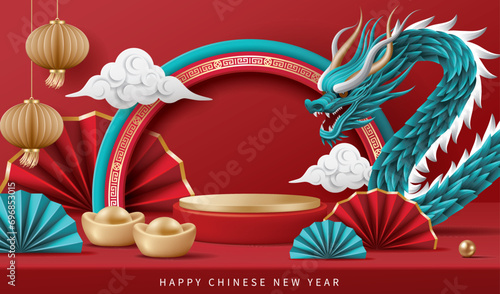 Chinese new year banner for product demonstration. Red pedestal or podium with dragon, folding fans and ingots on red background.