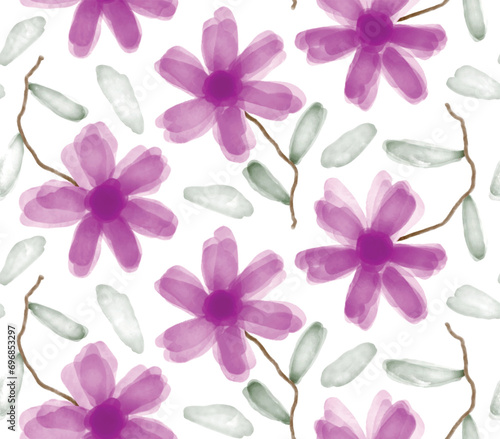 Watercolor flowers vector seamless pattern on white background.