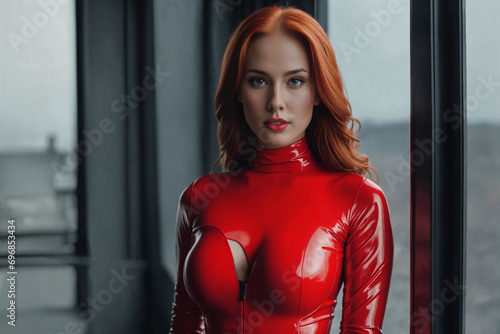 Strong real BDSM adult mistress wearing fetish latex rubber catsuit and high heels and poses in red erotic. Generative Ai