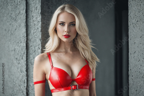 Sexy blonde model in red latex fetish lingerie on a gray background. Generative Ai