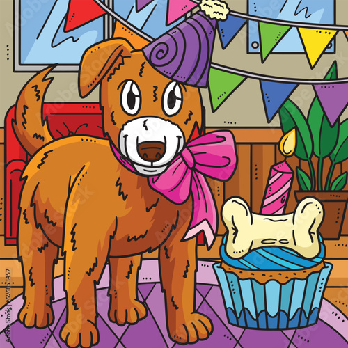 Birthday Dog with a Party Hat Colored Cartoon 