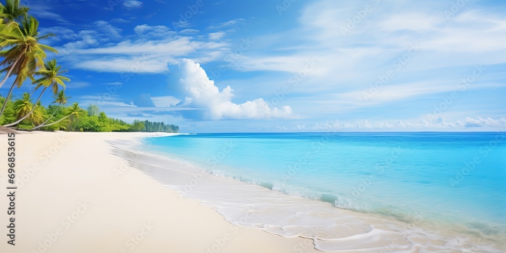 Beautiful sandy beach with white sand and rolling calm wave of turquoise ocean on Sunny day on background white clouds in blue sky.