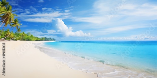 Beautiful sandy beach with white sand and rolling calm wave of turquoise ocean on Sunny day on background white clouds in blue sky. © MADNI