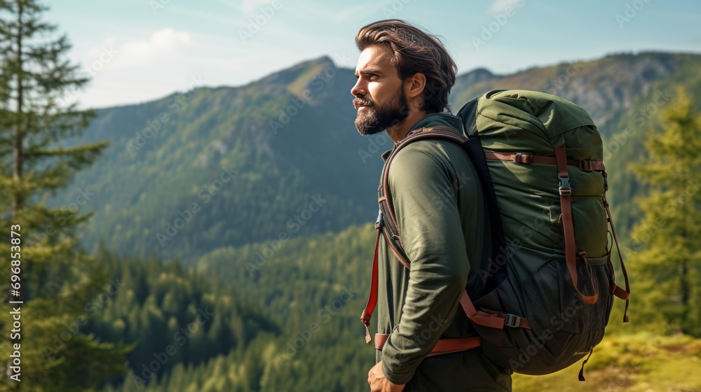 a hiker with a backpack, looking to the side, beautiful landscape 