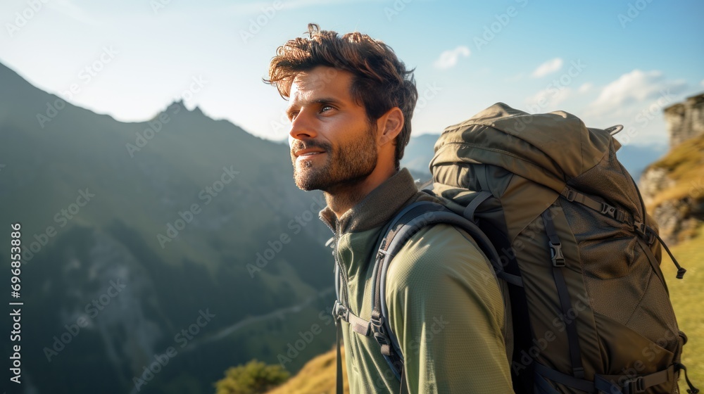 a hiker with a backpack, looking to the side, beautiful landscape 