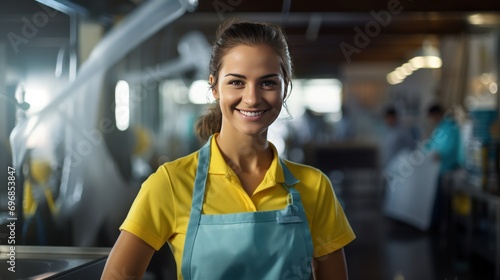 Portrait of a beautiful female cleaning lady Smiling at the camera  photo