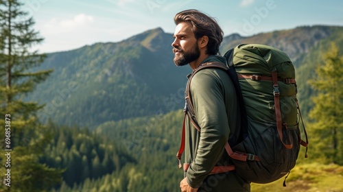 a hiker with a backpack, looking to the side, beautiful landscape 