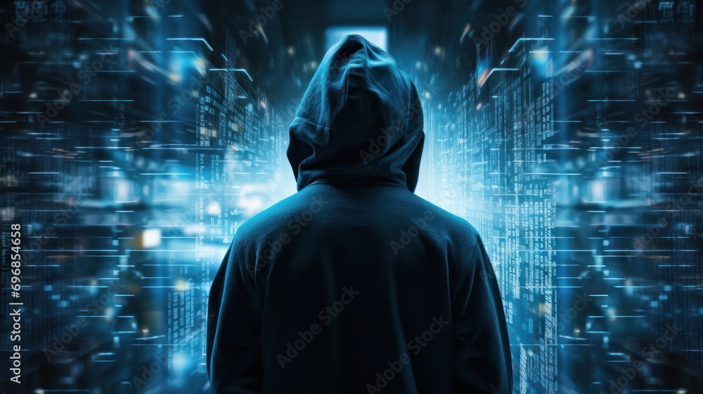 silhouette of a hacker in a hoodie looking towards data silhouette of a hacker in a hoodie looking towards data