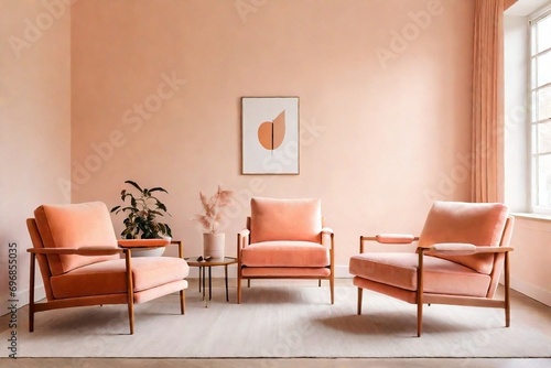 Minimalist living room with armchairs. Minimalist interior design with peach fuzz color concept.