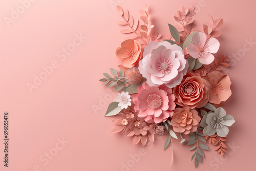 Valentine's Day: composition of paper flowers, paper sculpture with copy space in peach fuzz color © Serge's AI Art