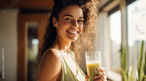 Woman fresh smoothie applies facial skin, smiles happily At home photo