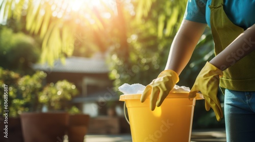 house cleaning, Woman holds Bucket with Cleaning Equipment.  photo