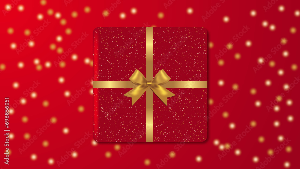 Fototapeta premium Elegant luxury present gift box with gold ribbon bow over red background with confetti. Christmas, New Year, Father day, Mother day, Valentine's Day, greeting card.
