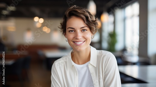  Woman Smiling, Short Hair Leaning with office 