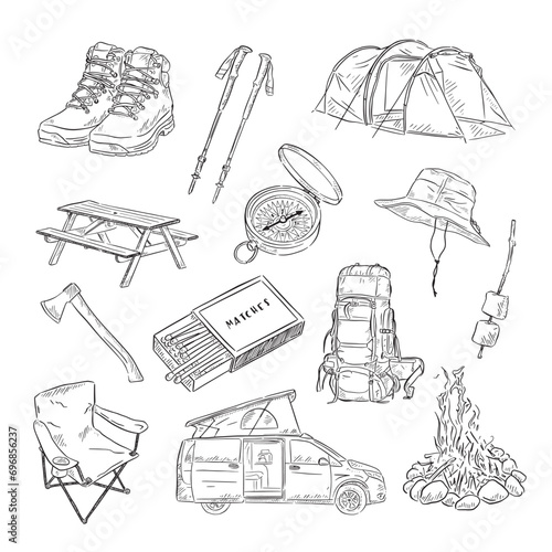 A line drawn bundle of 13 adventure and camping themed black and white illustrations. Illustrations are created by hand in a sketchy style and vectorised. photo