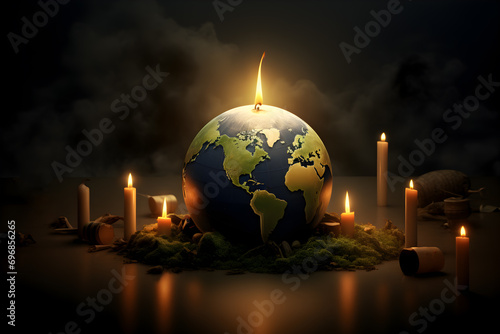 Planet Earth in the form of a large burning candle in the dark. Concept of international Earth day