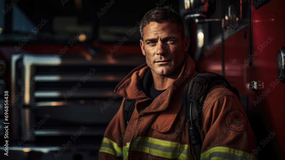 A male firefighter in front of a firetruck, standing confidently and looking directly at the camera A male firefighter in front of a firetruck, standing confidently and looking directly at the camera