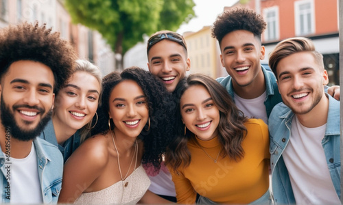 multiracial group of friends standing in circle smiling at camera together. group of young people 