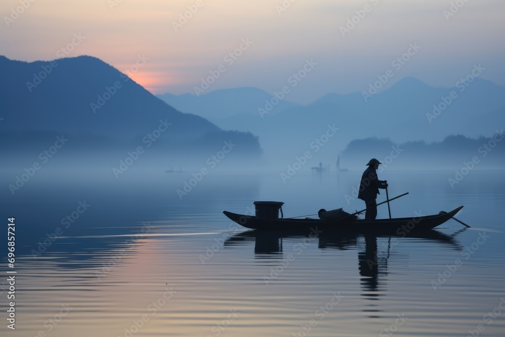 Fisherman Works At Dawn, Experiencing Solitude And Tradition