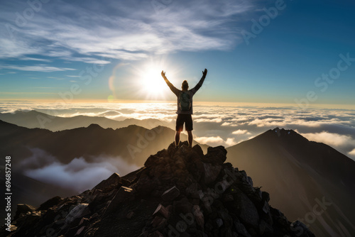 Hiker Celebrates Reaching The Summit Of Mountain, Moment Of Triumph © Anastasiia