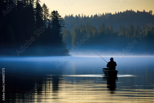 Man Fishes Alone On Quiet Lake, Enjoying The Peaceful Solitude